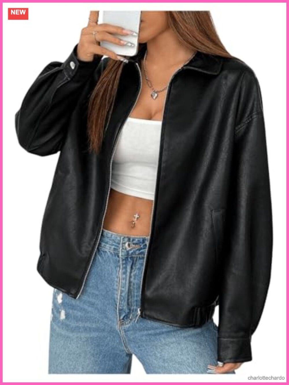 Faux Leather Zip Up Jacket Long Sleeve Drop Shoulder Collared Outerwear Coat